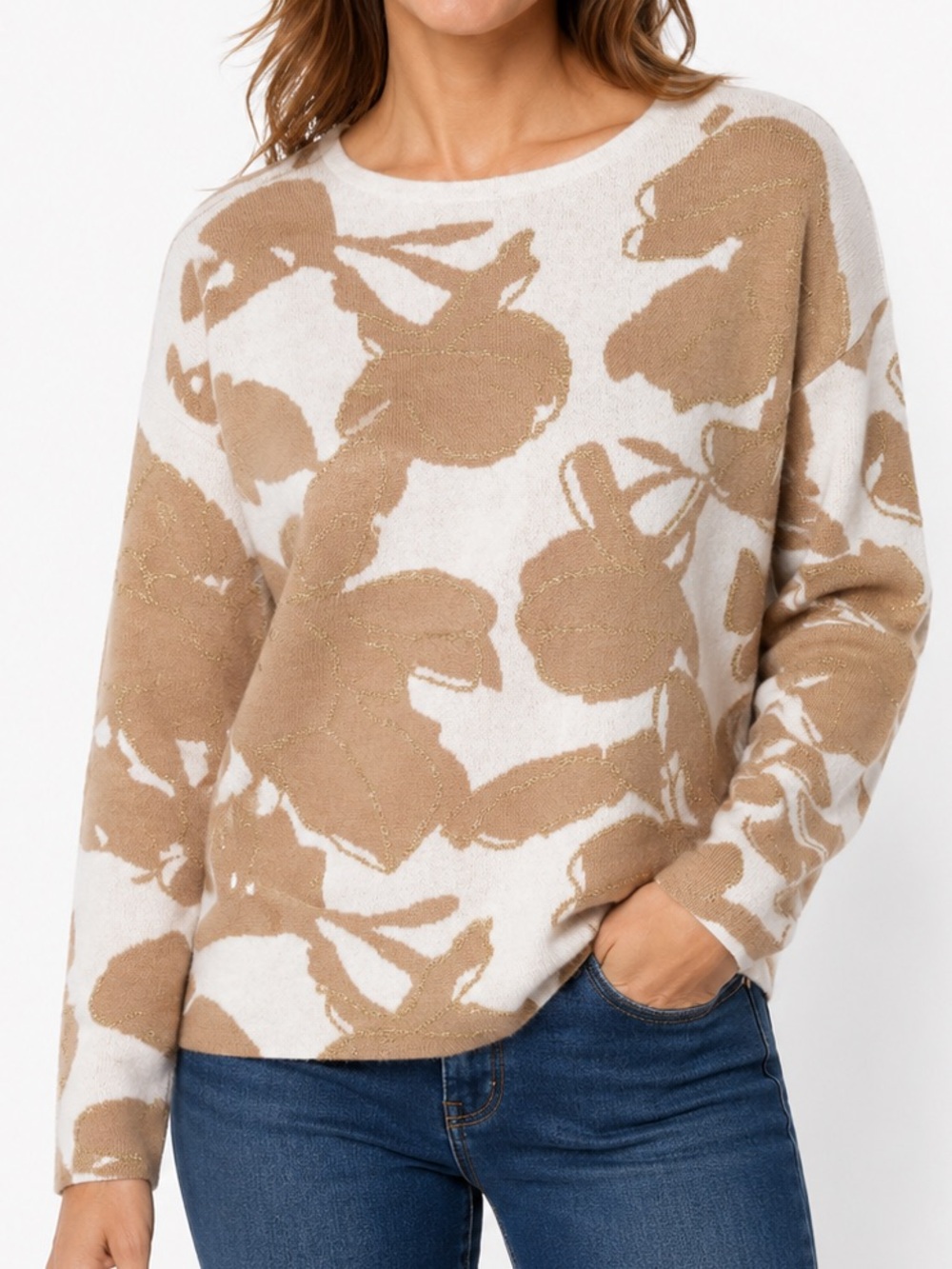 NWT Adrienne Vittadini Floral Knit Sweater Ivory Camel Metallic Gold Size Large